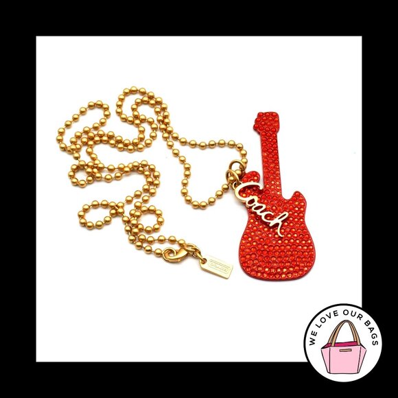 Rare $98 COACH POPPY Crystal Stone Red Guitar Gold Ball Chain NECKLACE 95069 - Picture 1 of 2